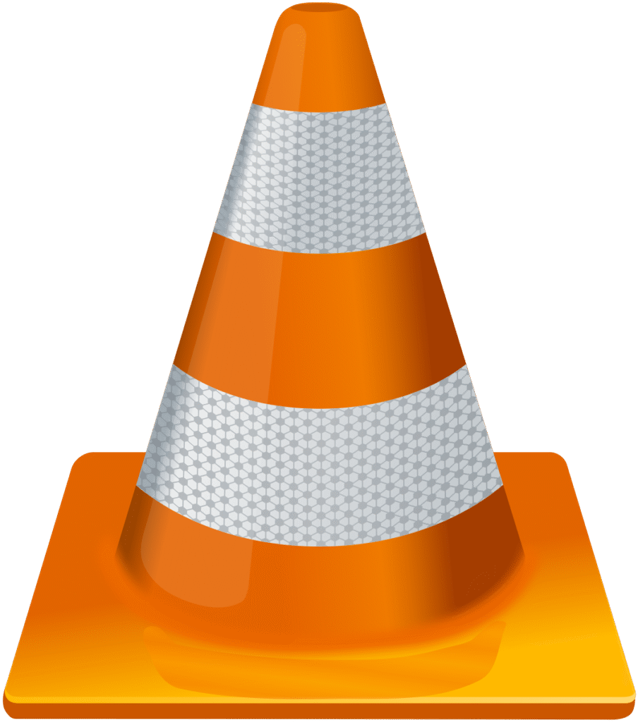 logo de VLC media player. Un cono naranja con bandas blancas fluorescentes