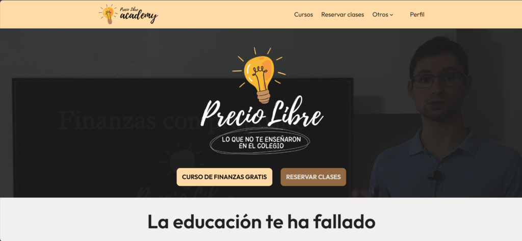 captura de pantalla de la página web de la academia precio libre