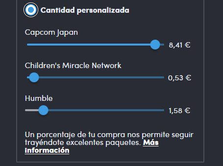 muestra el selector de humble bundle que permite al usuario determinar qué porcentaje de los beneficios van a humble bundle, a la ONG o al desarrollador